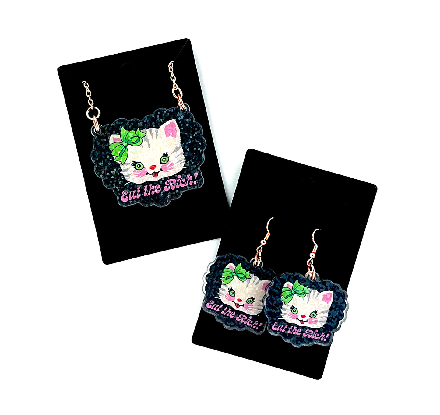 Cute Kitty Eat the Rich Earrings & Necklace