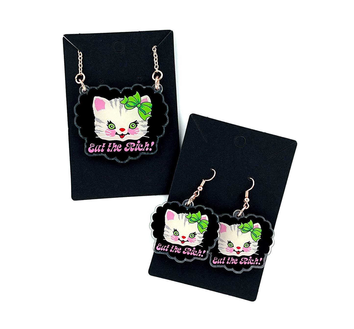 Cute Kitty Eat the Rich Earrings & Necklace