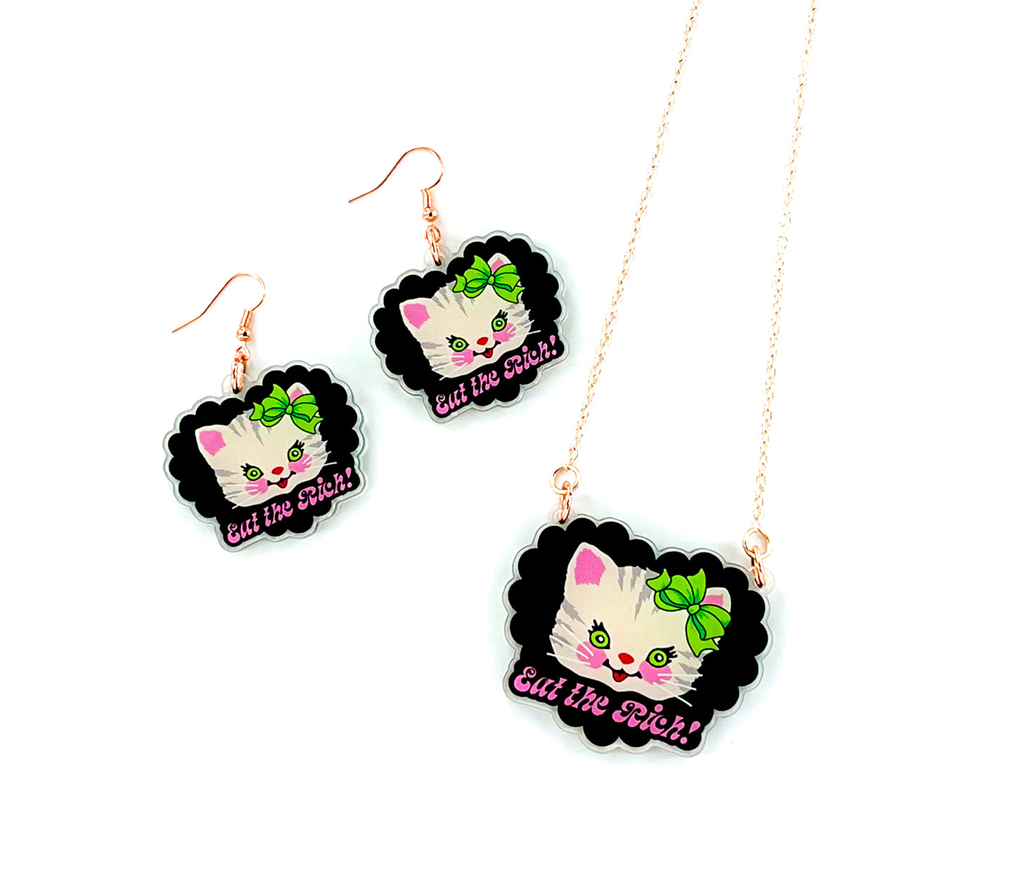 Cute Kitty Eat the Rich Earrings & Necklace