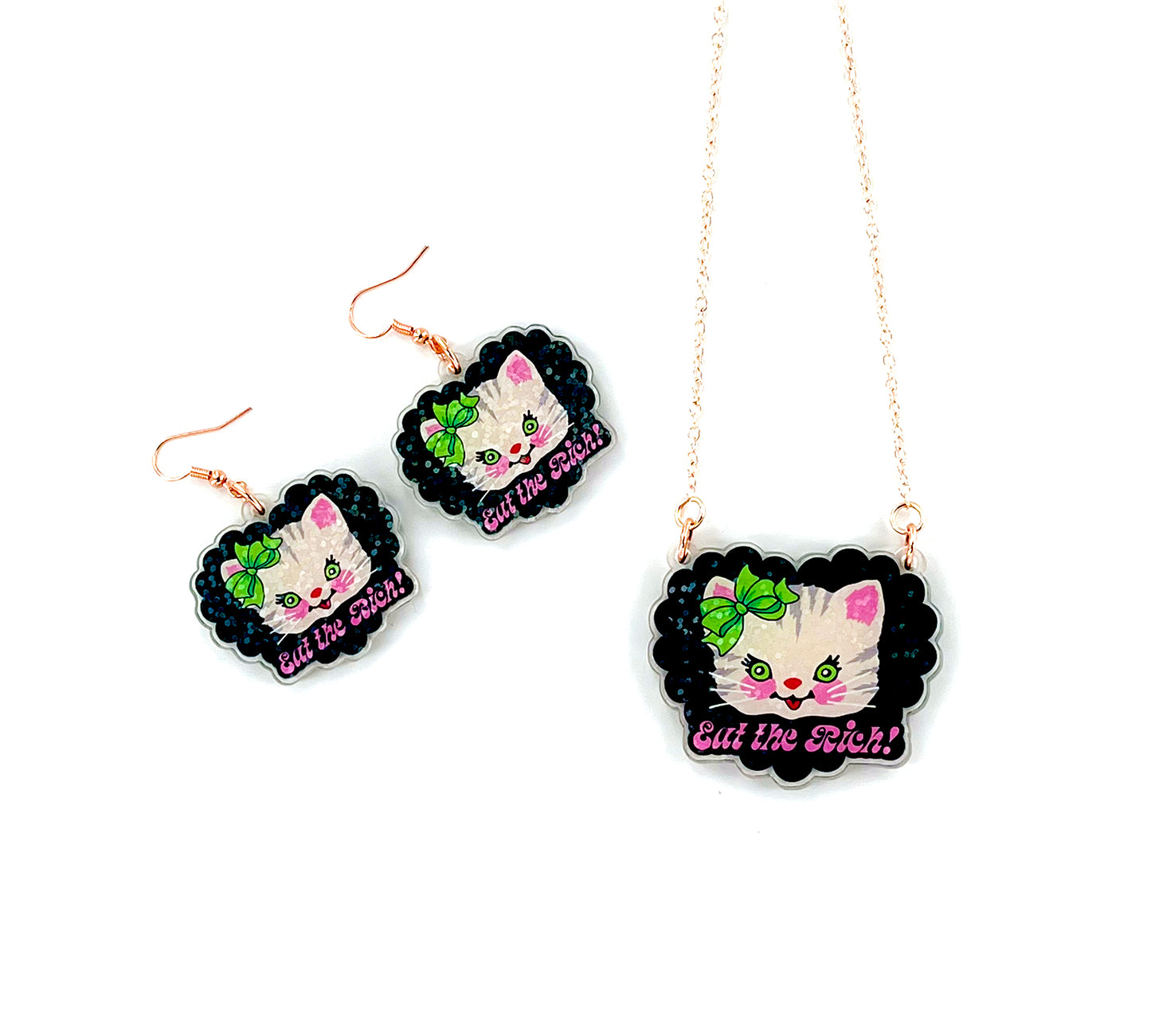 Cute Kitty Eat the Rich Earrings & Necklace